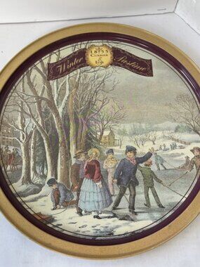 Currier & Ives Winter Pastime Metal Serving Tray 13” Vintage 1994